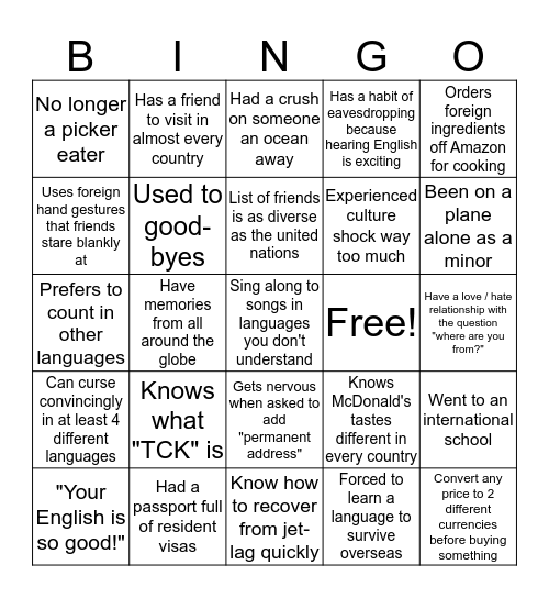 Third Culture Kid Bingo Card