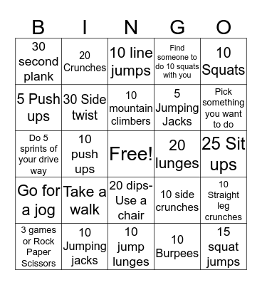 Fitness Bingo Card