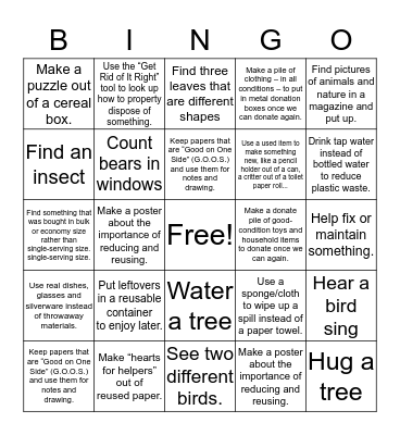 Go Green at Home: Reduce and Reuse Bingo Card