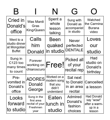 Donald George Studio Bingo Card