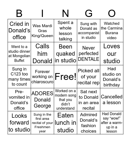 Donald George Studio Bingo Card