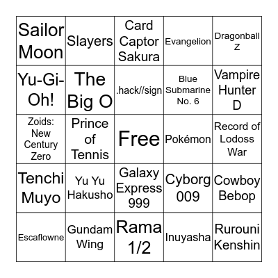 Elder Millenial Anime Bingo Card