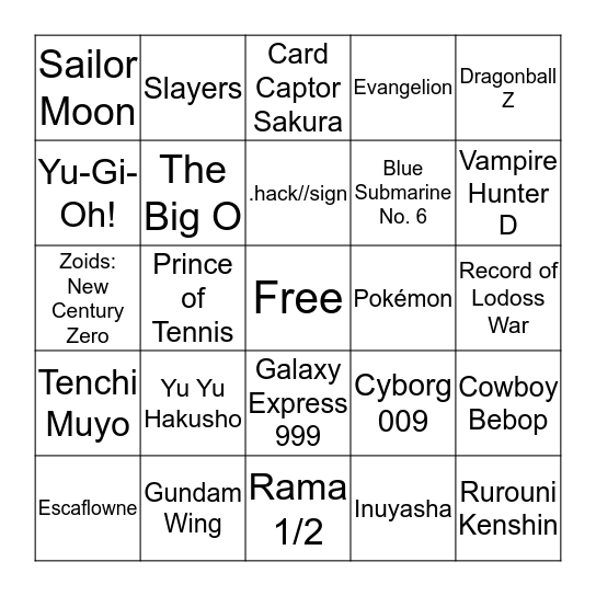 Elder Millenial Anime Bingo Card