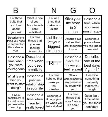 Positive Psychology Bingo Card