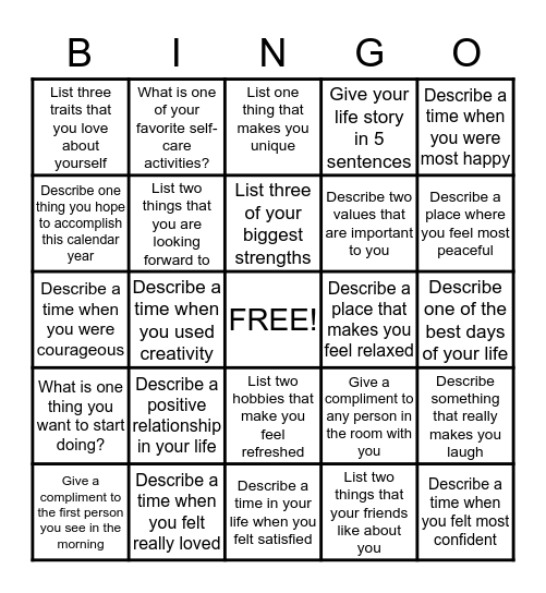 Positive Psychology Bingo Card