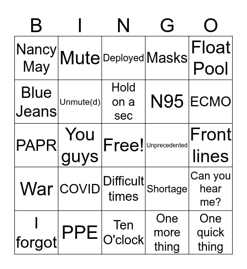 SICU Conference call BINGO Card