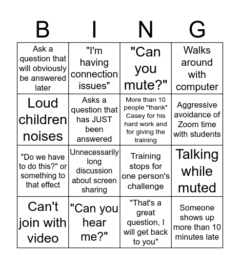 Zoom Training Bingo Card