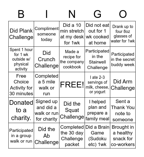 Wellness Bingo  Bingo Card