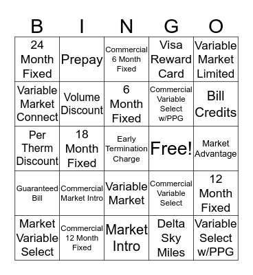 Price Plan Bingo Card