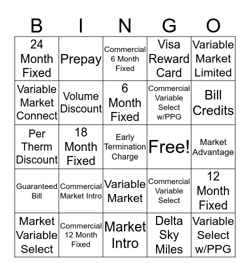 Price Plan Bingo Card