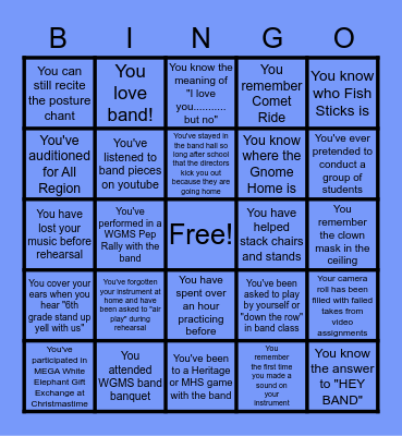 Walnut Grove Band BINGO Card