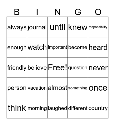 Common Words Bingo Card