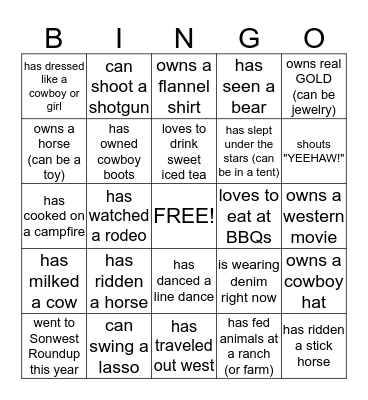 Cowboy Bingo Card