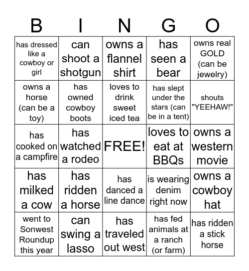 Cowboy Bingo Card