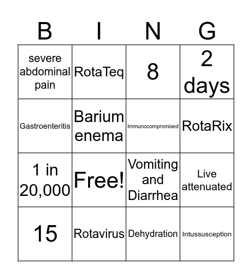Rotavirus Bingo Card