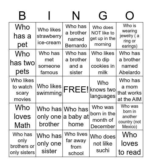 2A's Bingo Card