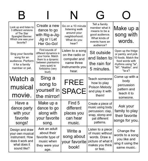 3rd/4th Music Bingo Card