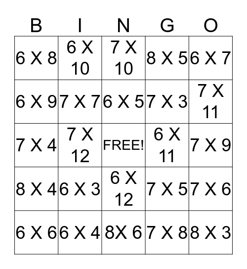 MULTIPLCATION MATH Bingo Card