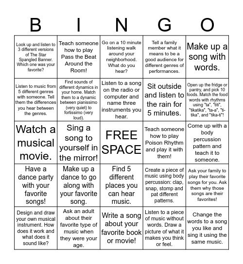 5th/6th Music Bingo Card