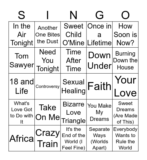 Ray-Ray's 80s Singo Bingo Card