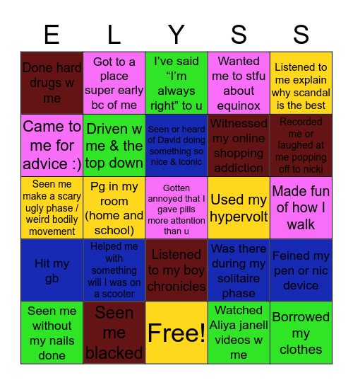 The Elyssa Game Bingo Card