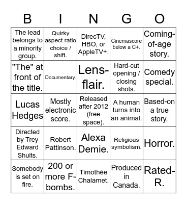 A24 Film/TV Bingo Card