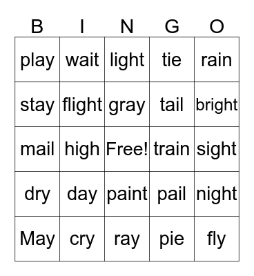 ai, ay, long i, igh Bingo Card