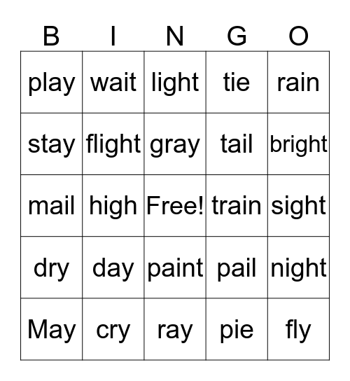 ai, ay, long i, igh Bingo Card