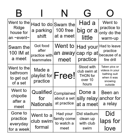Club Swim Bingo Card