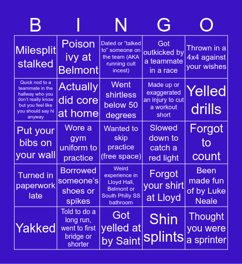 Masterman Running Bingo Card