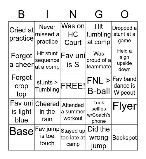 SHS Cheer Bingo Card