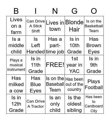 YAC Summer Retreat Bingo Card