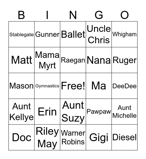 Gramley Family Bingo Card