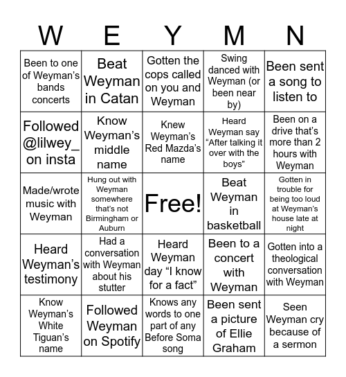 Weyman’s friend Bingo Card