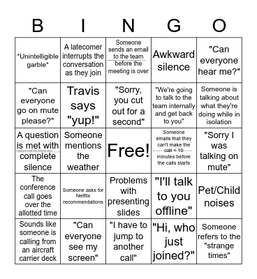 Friday's teleconference bingoTra Bingo Card