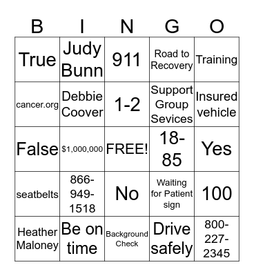 Road Bingo Card