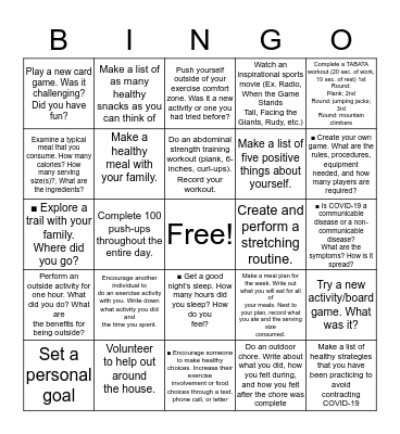 Fitness Bingo Card