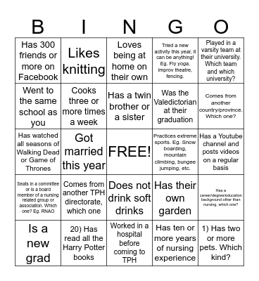 Toronto Public Health Discovery Bingo: Find someone who….. Bingo Card