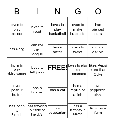 Getting To Know You Bingo Card