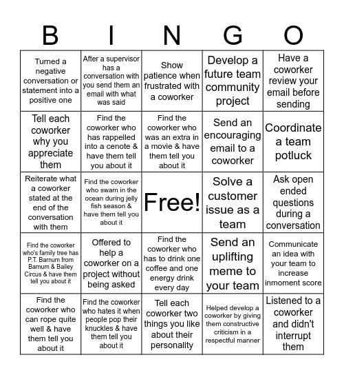 Team Communication Bingo Card