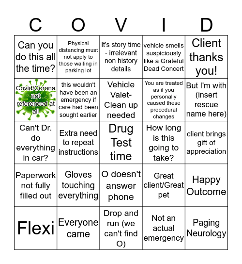 Curbside Corona Bingo Card