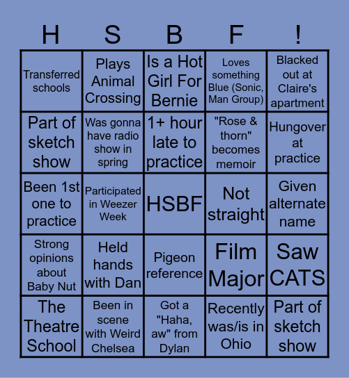High School Boyfriend Improv Bingo Card