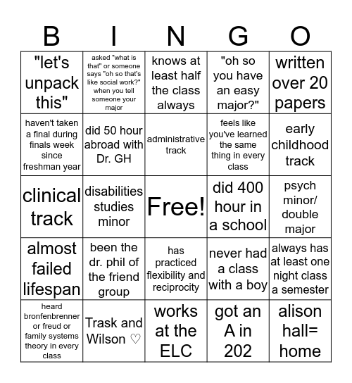 Human Services Major Bingo Card