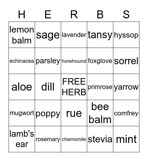Herbal Bingo Card