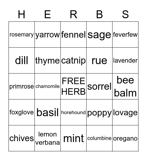 Herbal Bingo Card