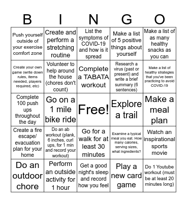 Health and PE Bingo Card