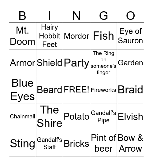 Lord of the Rings Bingo Card