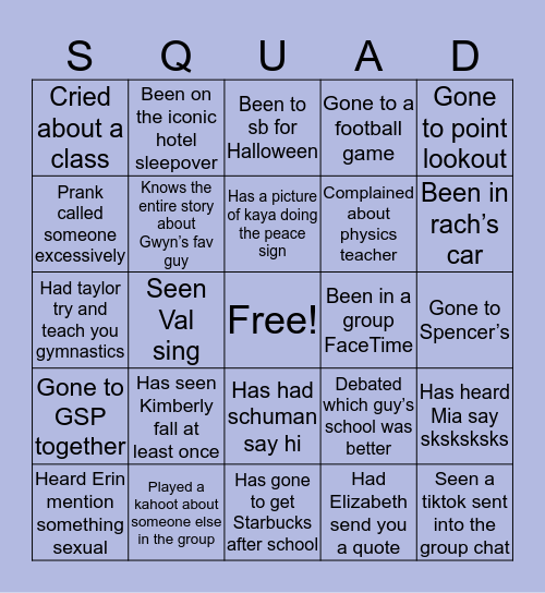 My Squad Bingo Card