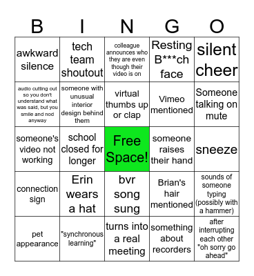 Faculty Zoom Bingo Card