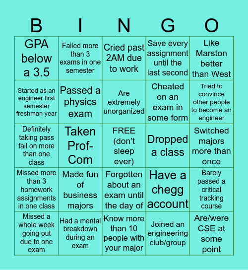 UF Engineering Bingo Card